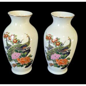 Vintage Asahi Japan Vases Pair Peacock Floral Gold Trim 6" Satsuma Style